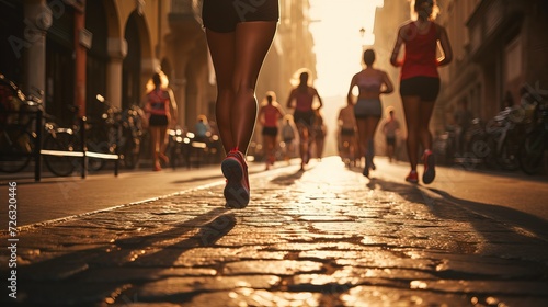 Close up athlete group women feet running on city road town city background sun light flare