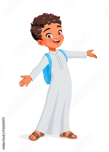 Arab school boy greeting with wide open arms. Cartoon vector illustration.