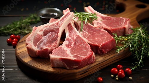 Raw lamb chops on wooden board.