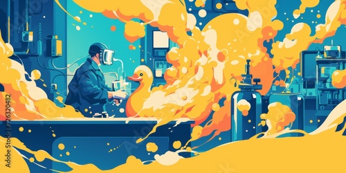 Scientists In A Lab Experiment On An Alien When A Huge Rubber Duck Bursts In In Comicstyle Poster Design.   oncept Scientific Alien Experiment  Giant Rubber Duck Invasion  Comic-Style Poster Design