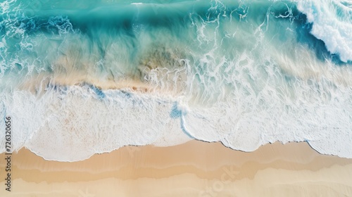 Relaxing aerial beach scene, summer vacation holiday template banner. waves surf with amazing blue ocean lagoon, sea shore, coastline. perfect aerial drone top view. peaceful bright beach,