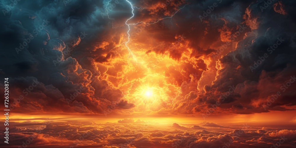 Sun Peeks Through Stormy Clouds With Lightning, Creating A Captivating 3D Scene. Сoncept Beautiful Sunrise Over A Mountain Range, Serene Beach Sunset, Majestic Waterfall In A Lush Forest
