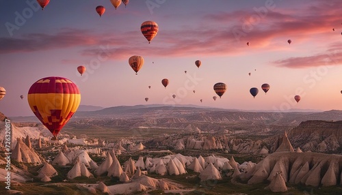 dozens of hot air balloon tours in Cappadocia, Turkey. warm and pink sunset vibe 