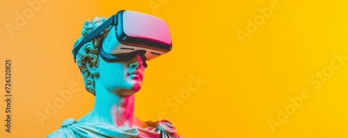 Statue with VR glasses on vibrant yellow backdrop. Virtual reality, augmented reality concept. VR / AR metaverse simulation. Modern art and future technology. Design for banner, header with copy space