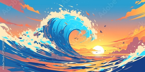 Sunset Splashes A Vibrant Wave Over A Mesmerizing Coral Reef In Motion In Comicstyle Poster Design. Сoncept Coral Reef In Motion, Sunset Splashes, Vibrant Wave, Mesmerizing Poster Design, Comic Style