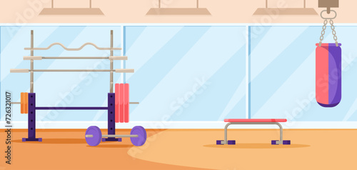 Empty fitness gym interior with big panoramic window. Inside barbell equipment and punching, boxing bag. Concept of gym interior for training exercises. Flat Vector illustration