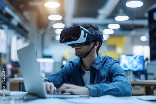 Man using VR headset at a modern office workspace. Virtual reality, augmented reality concept. VR / AR metaverse simulation. Futuristic technology in business