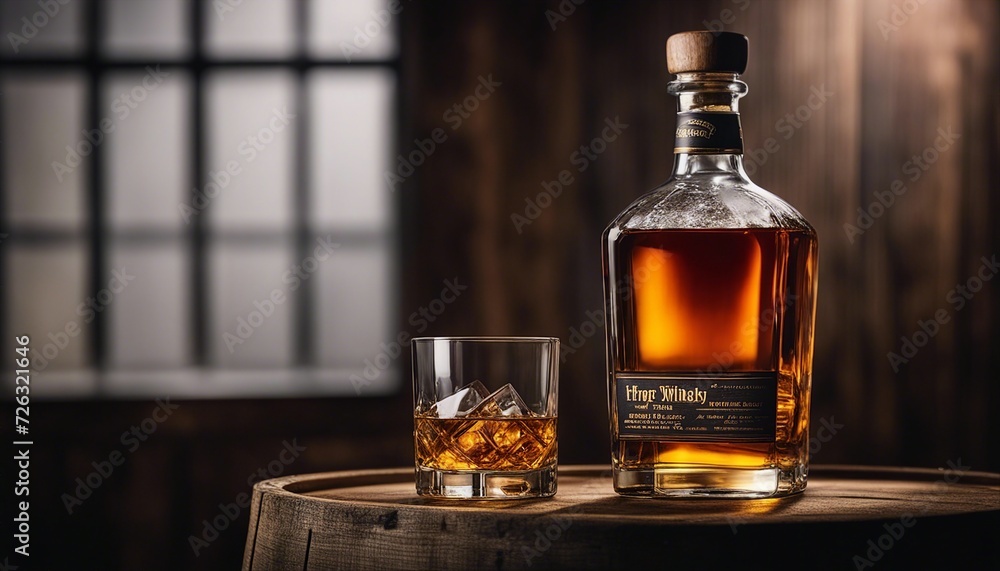 empty whiskey bottle and whiskey glass on a wooden whiskey barrel; isolated in dark background
empty whiskey bottle and whiskey glass on a wooden whiskey barrel; isolated in dark background