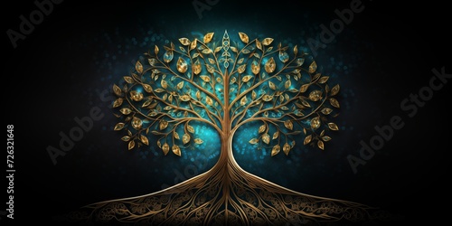 Vibrant Gold And Bluegreen Mosaic Tree Of Life Design For Spiritual Inspiration. Сoncept Meditation Retreat, Serene Nature Walk, Crystal Healing Workshop, Mindful Yoga Session
