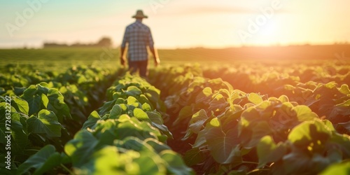 Worker Humbly Tends To Thriving Soybean Crops In Vast Plantation. Сoncept Sustainable Farming Practices, Crop Care, Soybean Harvesting, Agriculture Techniques, Plantation Management