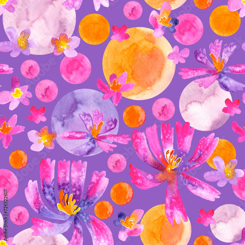 Seamless pattern of watercolor colorful bright flowers, circles. Hand drawn illustration. Hand painted elements on violet background. For prints, wrapping paper, fabric design, packaging, wallpaper.