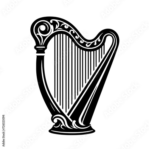 Vector black silhouette of a decorative harp isolated on a transparent background