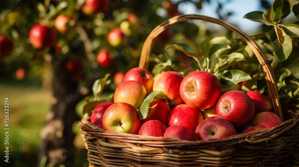 A female hand holds a basket with red ripe apples organic garden harvesting apples picking apples in autumn A female hand holds a basket with red ripe apples organic garden harvesting apples picking apples in autumn
