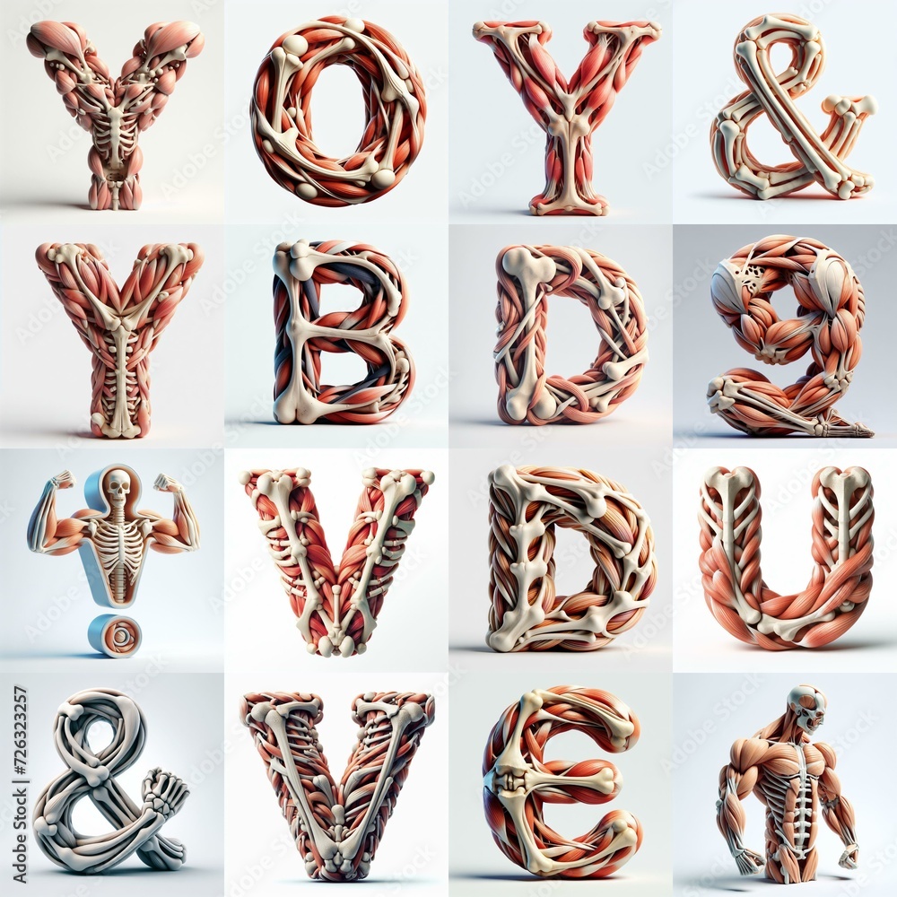 Fototapeta premium 3D lettering what blend Bones and Muscles. AI generated illustration