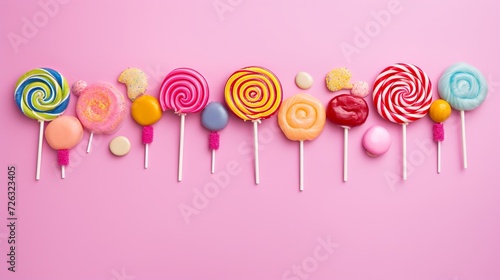A top view colorful candies along with lollipops on pink desk