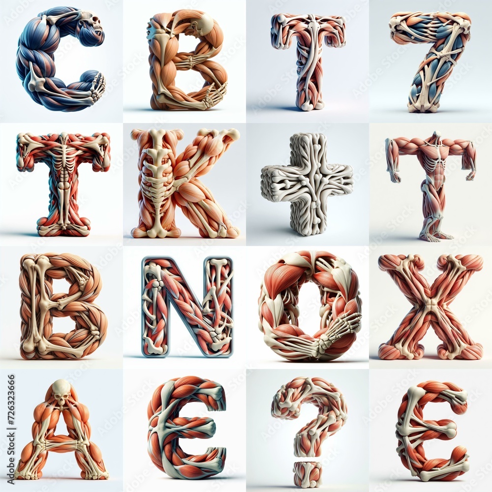3D lettering what blend Bones and Muscles. AI generated illustration 3D lettering what blend Bones and Muscles. AI generated illustration