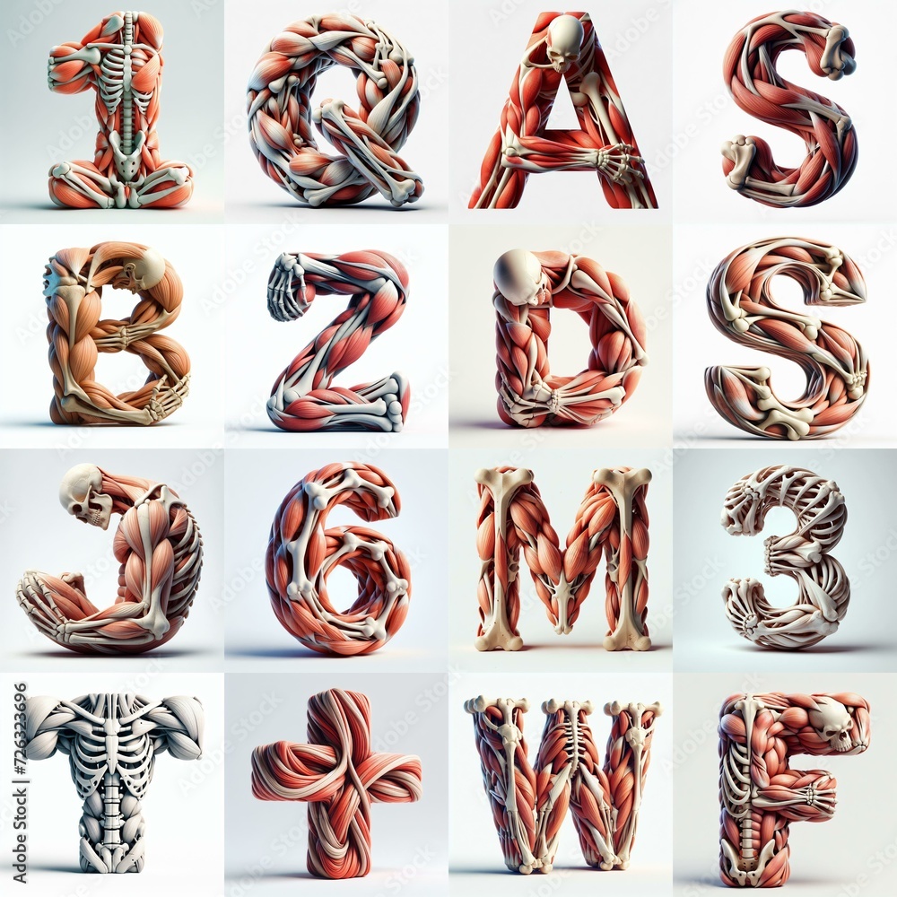 Fototapeta premium 3D lettering what blend Bones and Muscles. AI generated illustration
