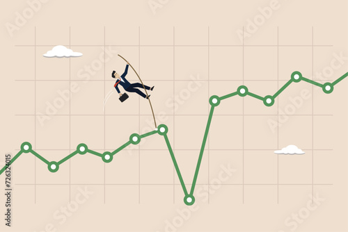 Overcome stock market down or crypto currency market drop, investment risk challenge concept, confident businessman investor pole vault jump over market drop graph.
