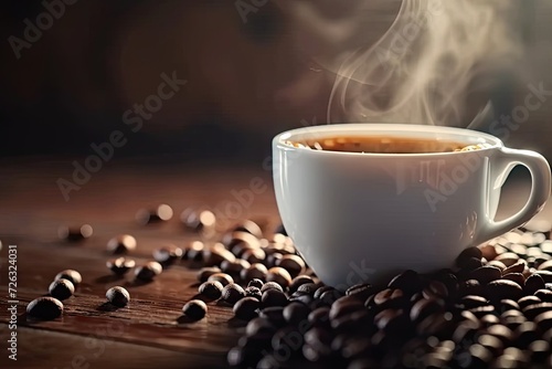 Closeup of warm cup of espresso on rustic wooden table showcasing rich aroma and steam of freshly brewed coffee with dark beans in background perfect for cozy morning break or breakfast