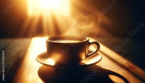 Close-up of a coffee cup in the dawn sunlight, highlighting a serene morning with a golden glow and steam rising, inviting a positive start to the day