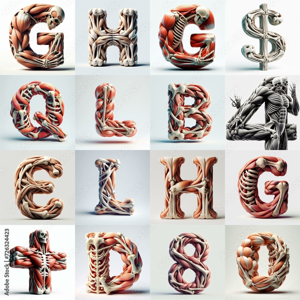 Fototapeta premium 3D lettering what blend Bones and Muscles. AI generated illustration