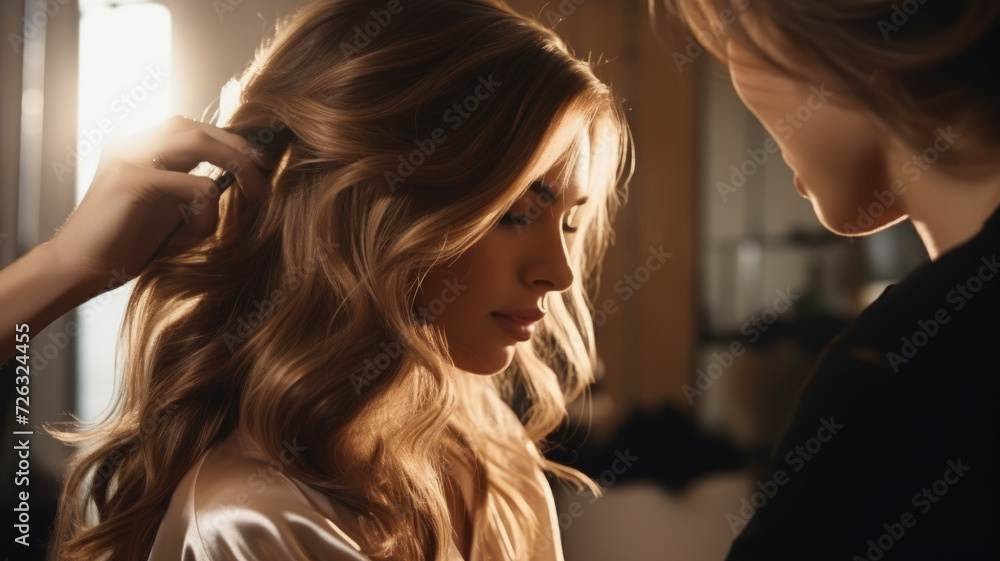 Fototapeta premium Stylist doing hairstyle for young woman