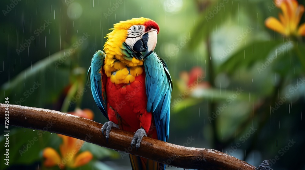 Beautiful macaw parrot bird in rain forest wildlife scene