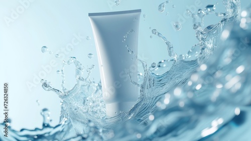 A clear droplet of fluid cream gracefully splashes into the tranquil water, blending seamlessly with the natural elements