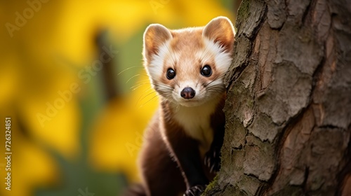 Beautiful cute beech marten forest animal martes foina stone marten detail portrait small predator with the tree trunk near forest photo