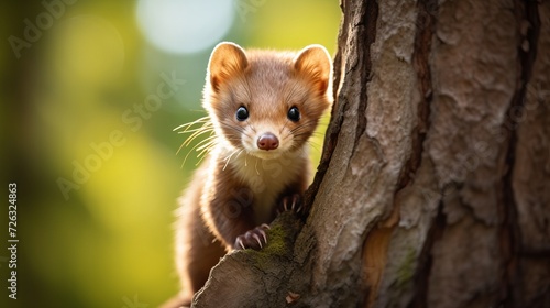 Beautiful cute beech marten forest animal martes foina stone marten detail portrait small predator with the tree trunk near forest photo