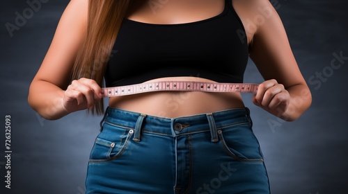 Beautiful young woman with big jeans and measuring tape