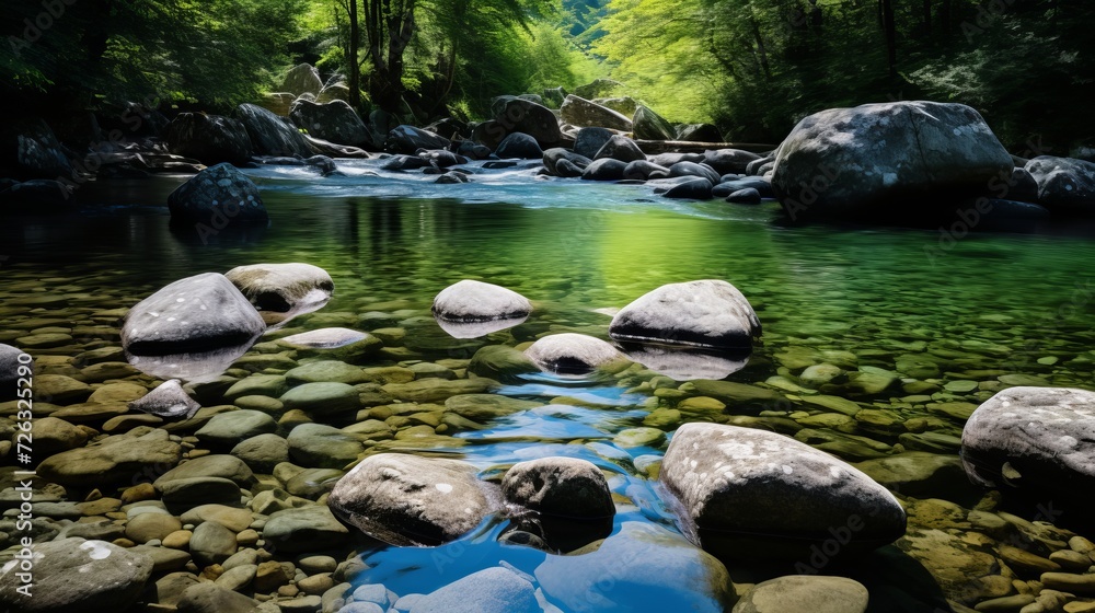 Big rocks crossing a river in forest with clear water in corsica Big rocks crossing a river in forest with clear water in corsica