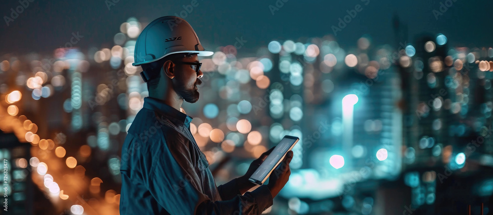 Portrait of engineer looking a building site holding a tablet in white helmet looks at cityscape background
