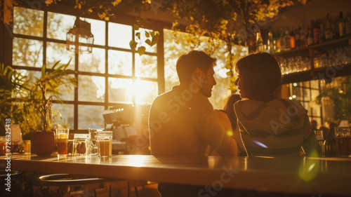 Couple having a nice conversation in a sunny cafe