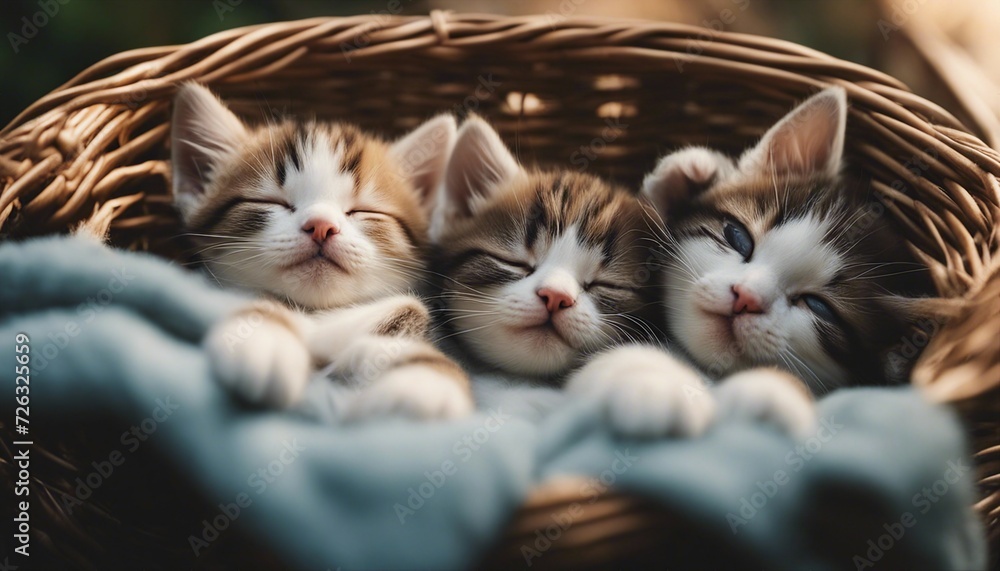 kittens sleeping in a basket, blurry background
