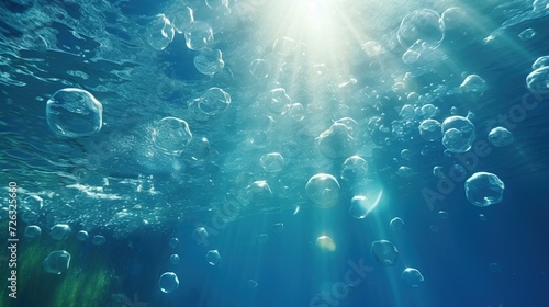 Beautiful air bubbles in underwater sea light rays shine. Tropical background concept. Generative AI