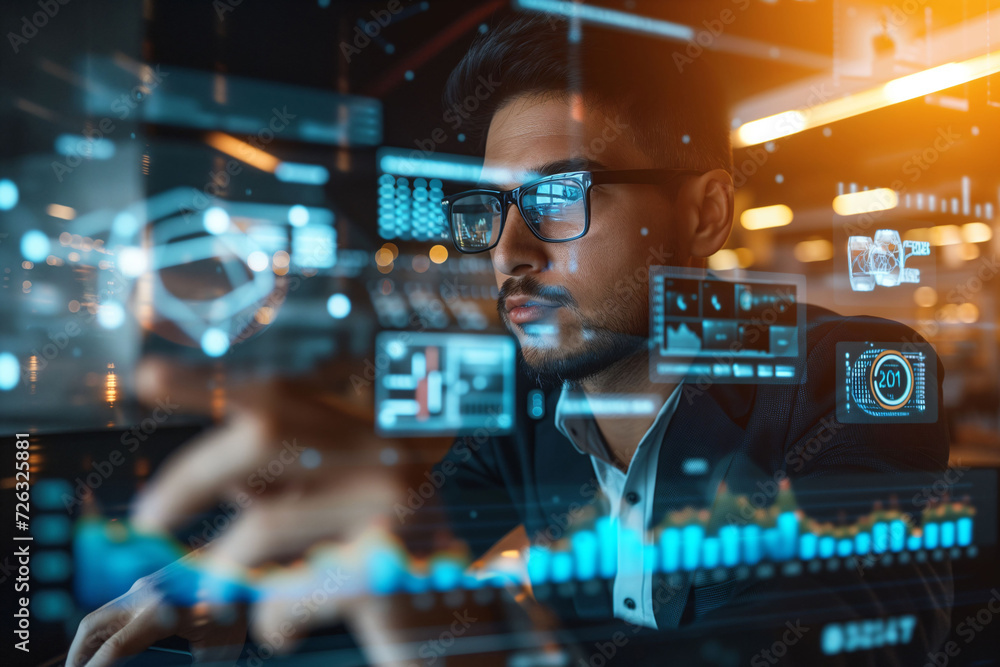A business professional analyses complex holographic data projections, embodying the integration of business intelligence and advanced technology. A business professional analyses complex holographic data projections, embodying the integration of business intelligence and advanced technology.