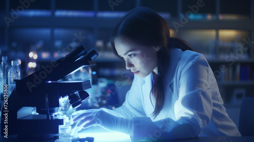 Girl scientist is busy studying samples on a microscope photo