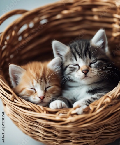 kittens sleeping in a basket, blurry background 