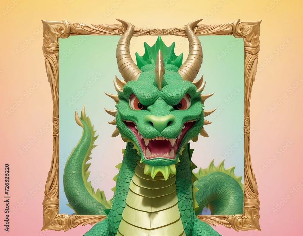 portrait of the green dragon of the symbol of the year in a frame on a pink background, the concept of a greeting card with the symbol of the year according to the Chinese calendar