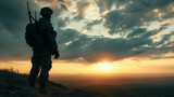 Lone heroic soldier silhouette standing watch, vast and open battlefield in the background