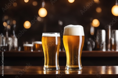 Frothy Beer Mugs on Bar With Bottles