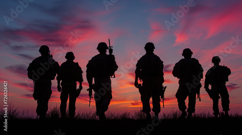 Silhouette of a military squad at dusk, moving strategically, focus on teamwork and determination, set against a dramatic, fading skyline