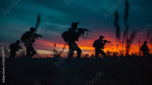 Silhouette of a military squad at dusk, moving strategically, focus on teamwork and determination, set against a dramatic, fading skyline photo