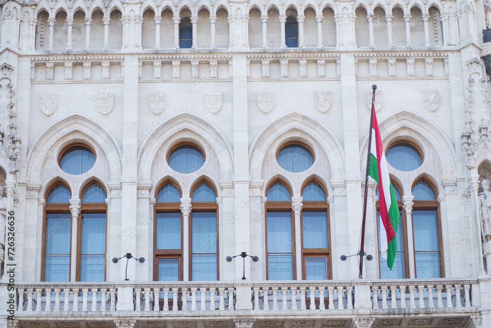 Facade of the Hungarian Parliament with the flag of Hungary. Beautiful facade of the building.