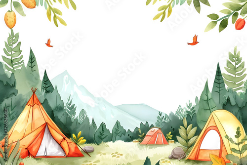  Cute cartoon camping frame border on background in watercolor style. photo