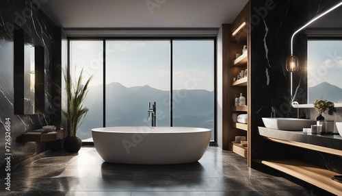 minimalist bathroom design in dark marble and wood photo