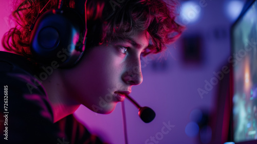 A young person wearing red headphones with a microphone immersed in the concert experience, surrounded by audio equipment, capturing the essence of music through their human face