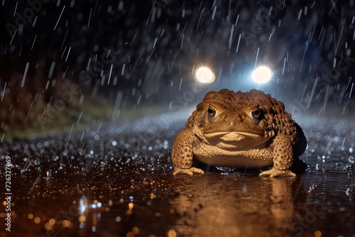 Toad migration. Toads on a country road in rainy night photo