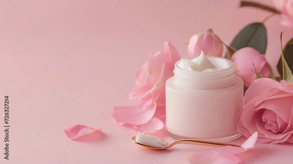 A delicate jar of cream, adorned with a soft pink rose and its petals, sits next to a dainty spoon amidst a bed of peach-colored flowers, evoking feelings of romance and elegance, perfect for indoor A delicate jar of cream, adorned with a soft pink rose and its petals, sits next to a dainty spoon amidst a bed of peach-colored flowers, evoking feelings of romance and elegance, perfect for indoor